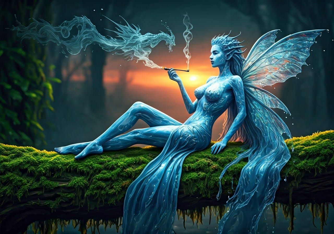 Fierce Water Fairy Contemplates Destiny Amidst Sunset Glow