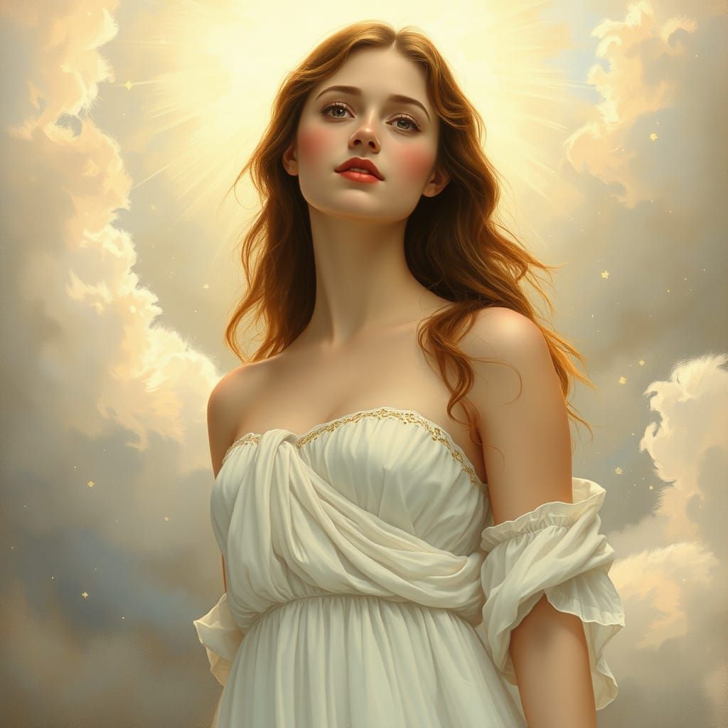 Young Woman Ascends to Heavenly Realms in Dreamy, Ethereal S...