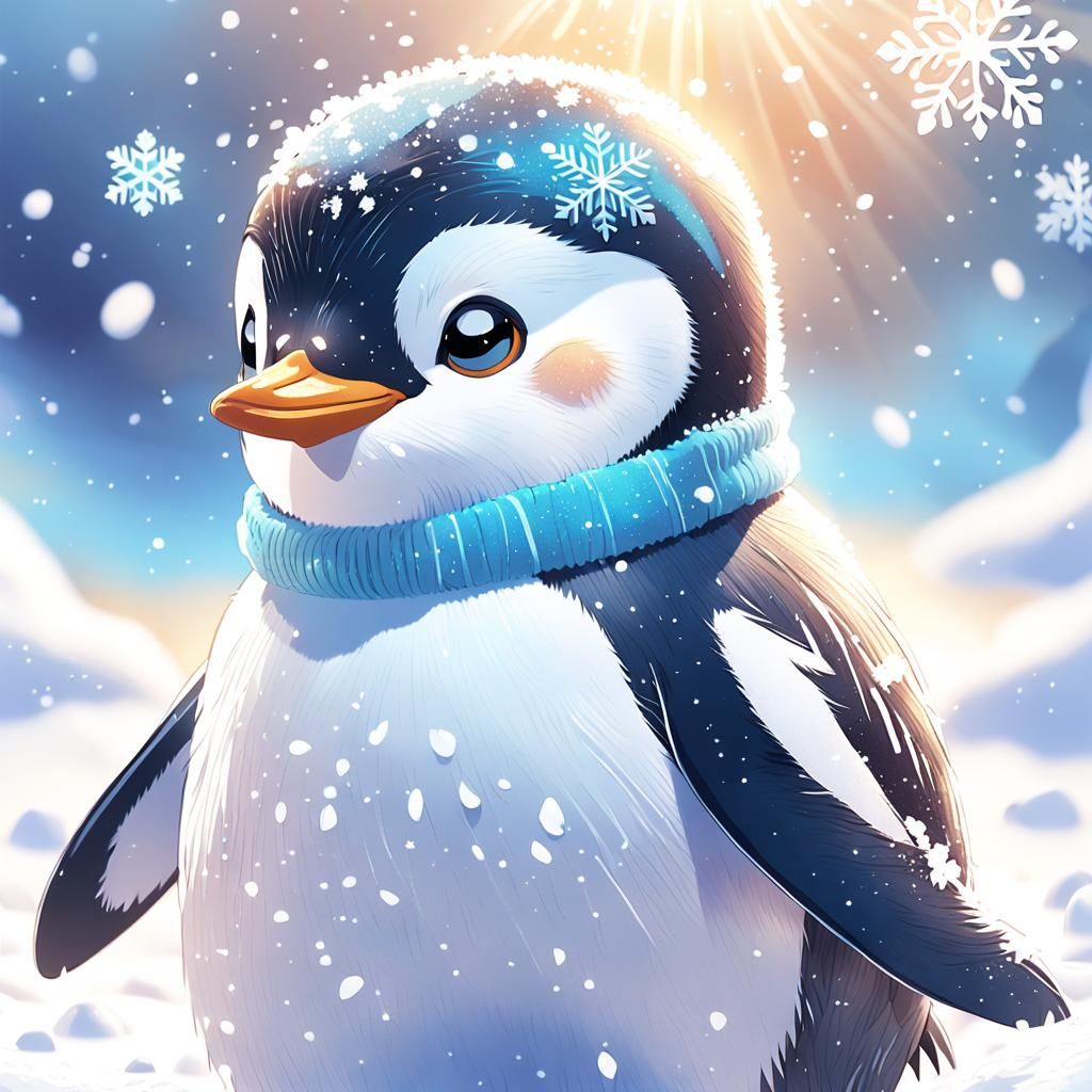Cute Penguin Playing in Snow: Anime Key Visual