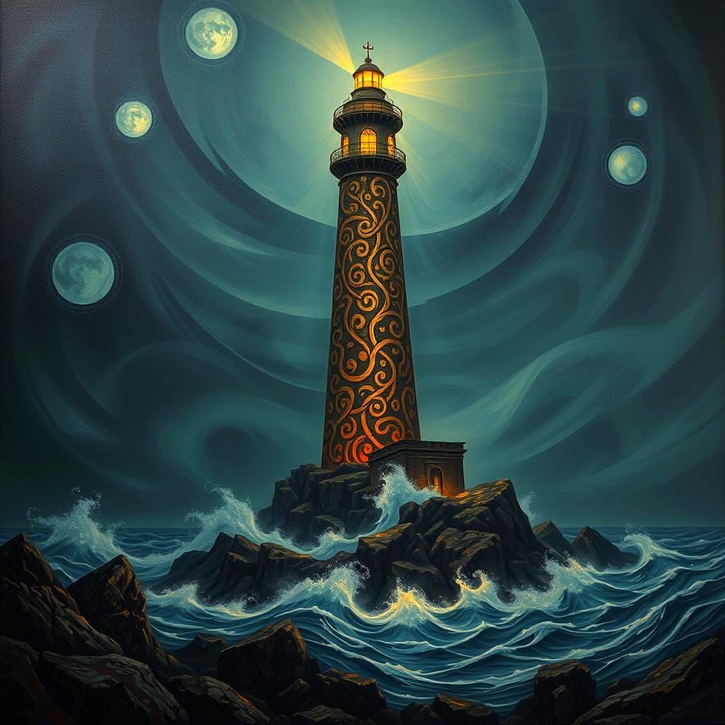 Dystopian Art Deco Lighthouse Record Cover