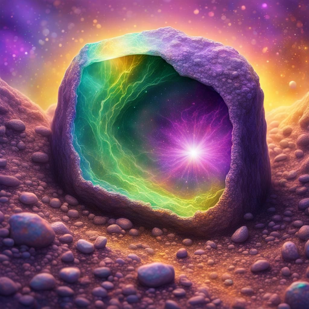 Cosmic Stone Emerges in Vibrant Holographic Astral Art