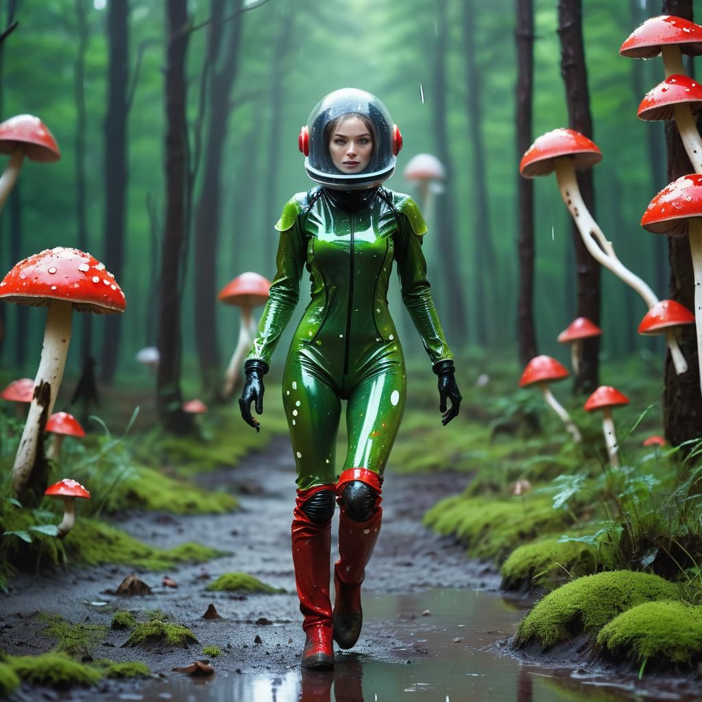 Futuristic Woman in Phosphorescent Mushroom Field
