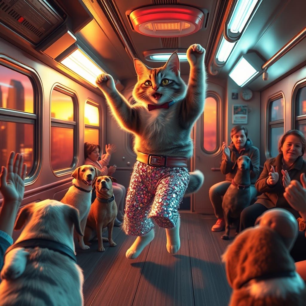 Futuristic Disco Cat Performs Moonwalk on Neon Subway Train