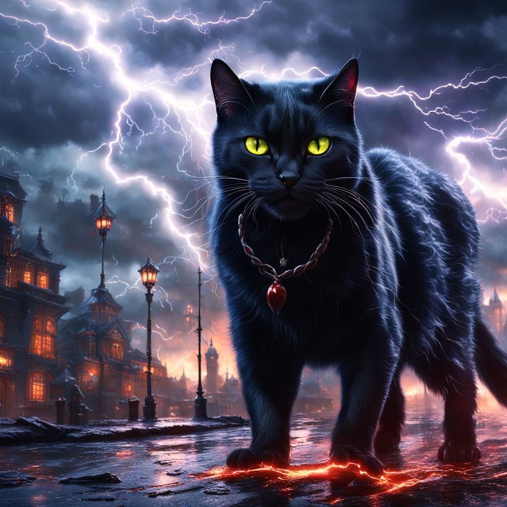 Vampire Black Cat in Lightning Storm