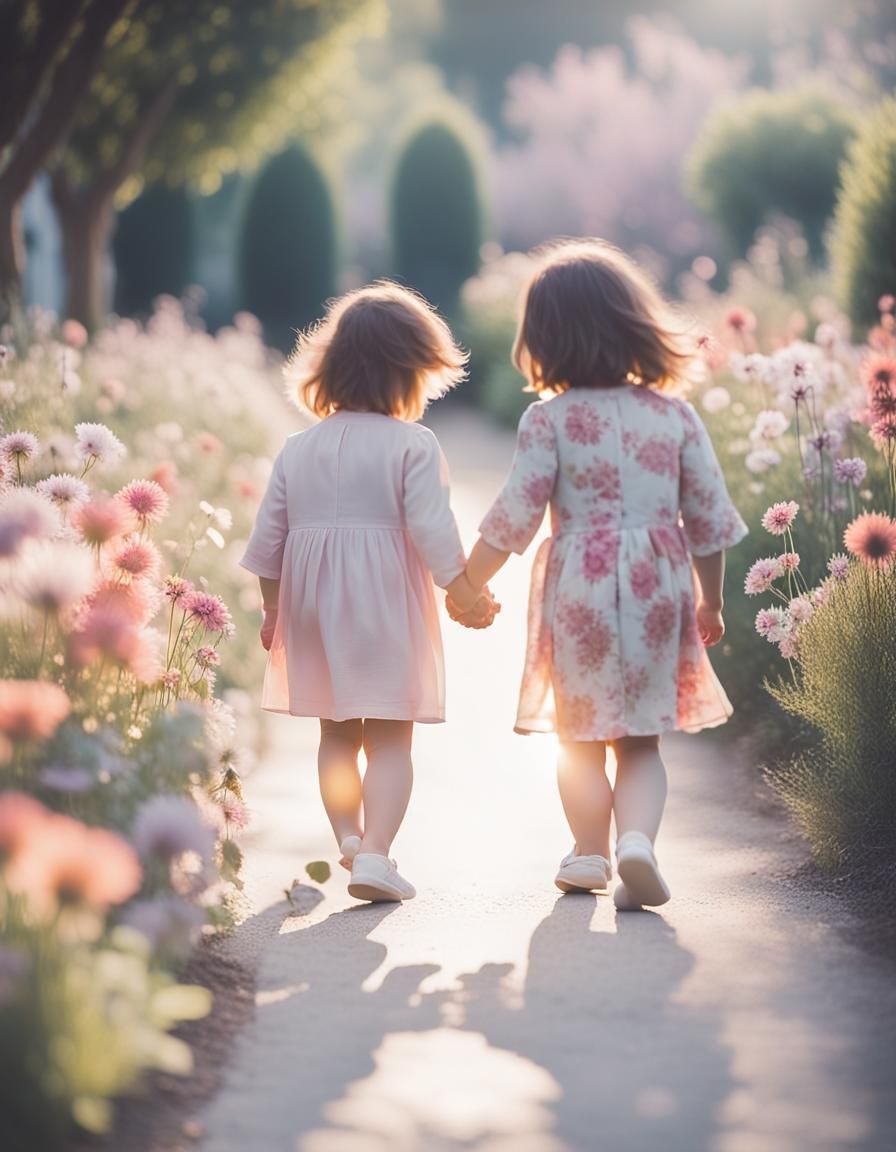 Toddlers Holding Hands in Garden: Minimalist Photography