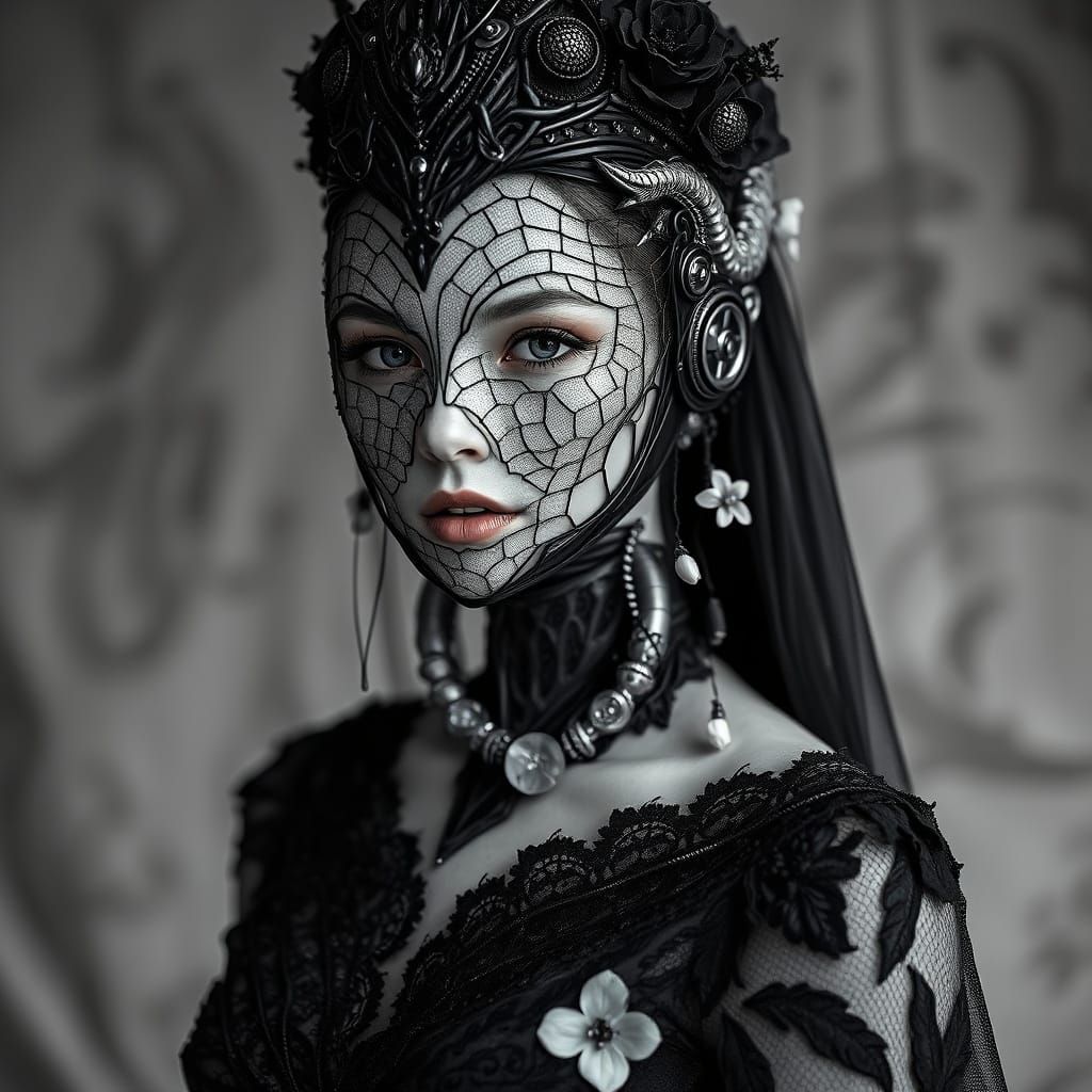 Steampunk Queen in Black Lace with Cybernetic Bust