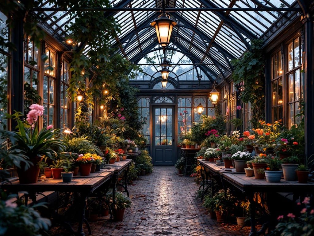 Cozy Victorian Greenhouse at Dusk with Warm Illumination