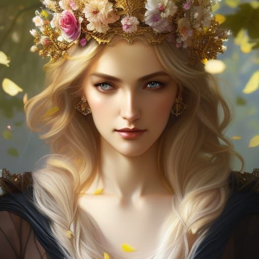 Blonde Queen with Floral Crown: Hyperdetailed Portrait