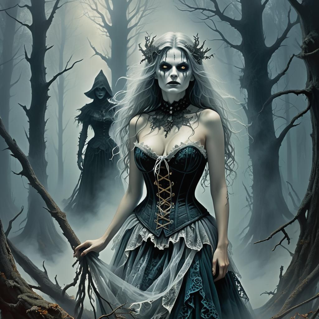Evil Forest Witch in Haunted Mist, Horror Art