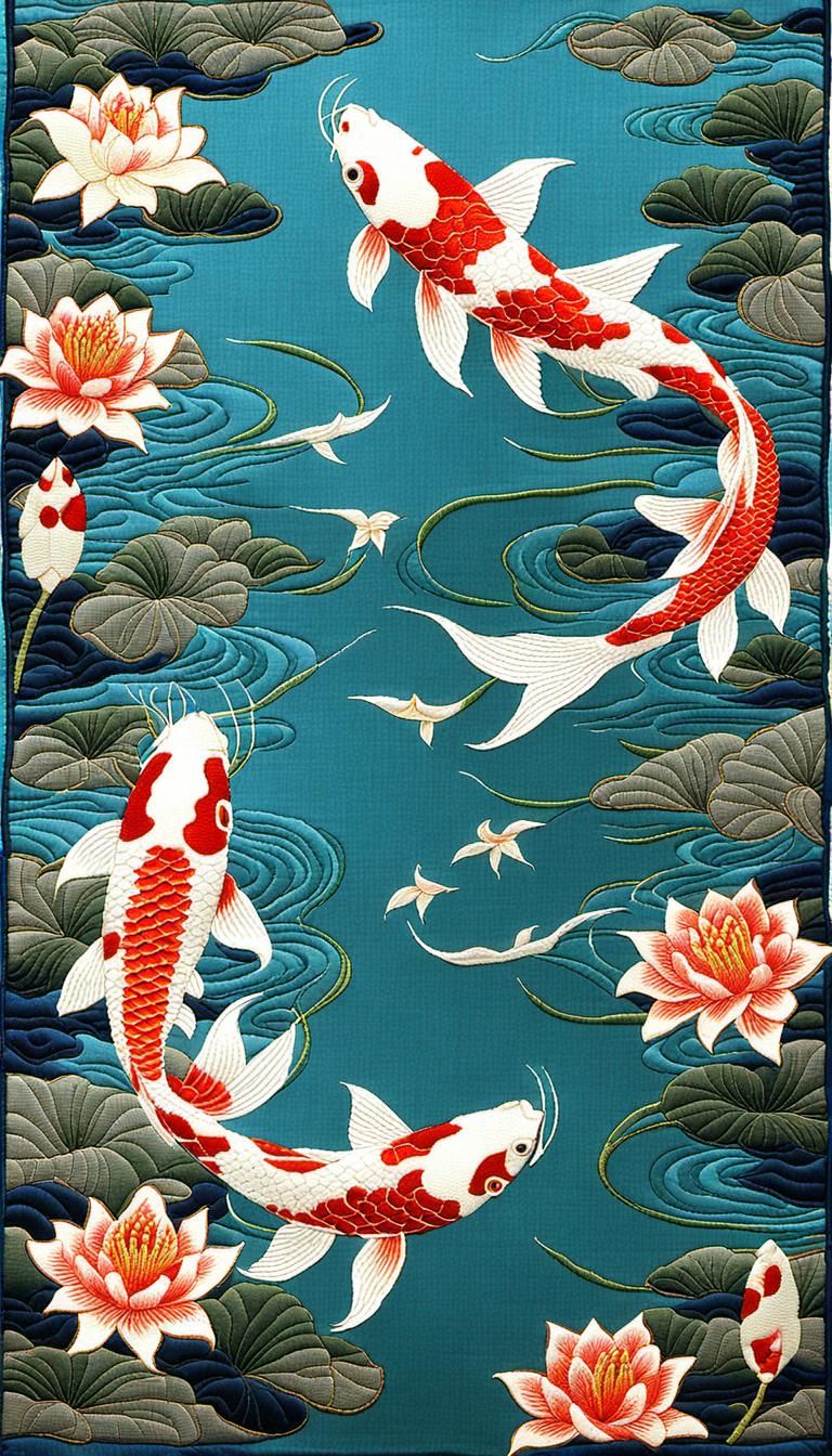 koi fish swimming in a pond of blooming lily blossoms. 3