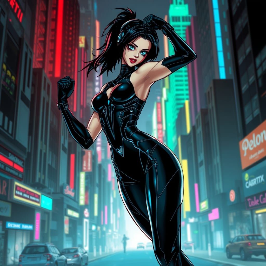 Aeon Flux in Dystopian Disney-Inspired Cityscape