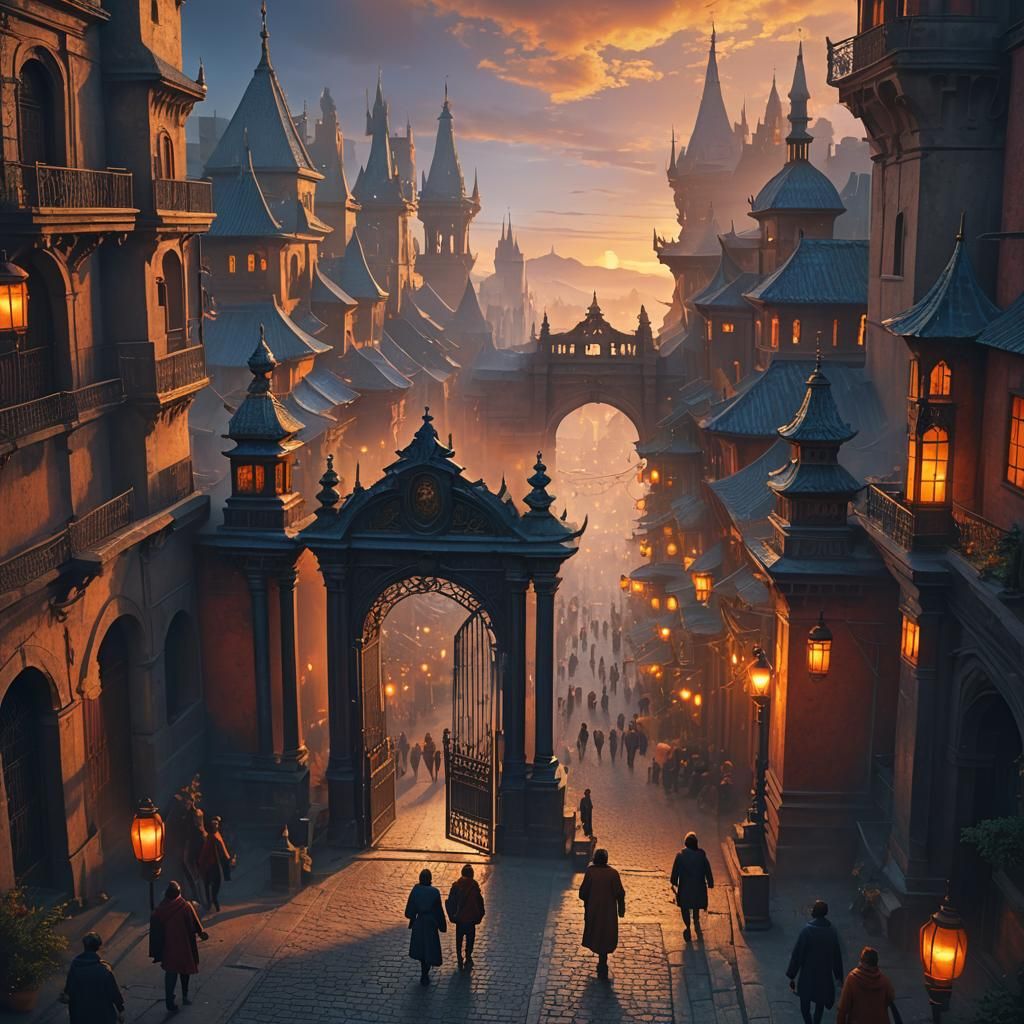 Fantastical Cityscape Matte Painting with Dramatic Lighting