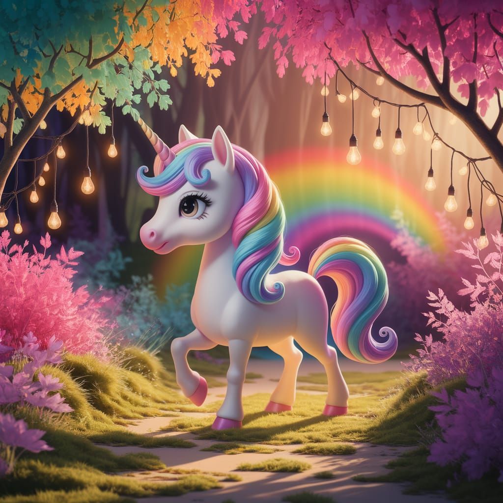 Pastel Unicorn in Rainbow Forest: Magical Scene