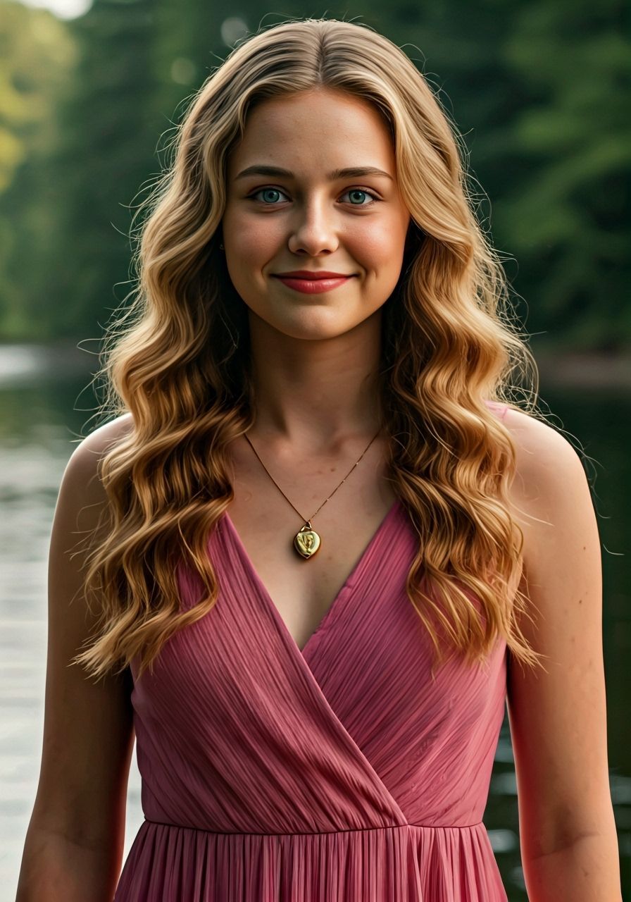 Girl with Golden Hair by Lake: Cinematic Film Still