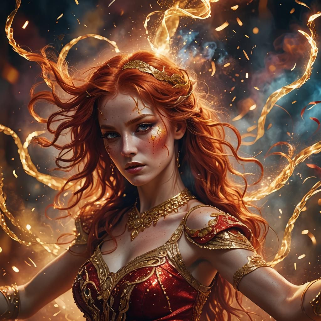 Fiery Red-Haired Dancer in Fantasy Surrealism Style