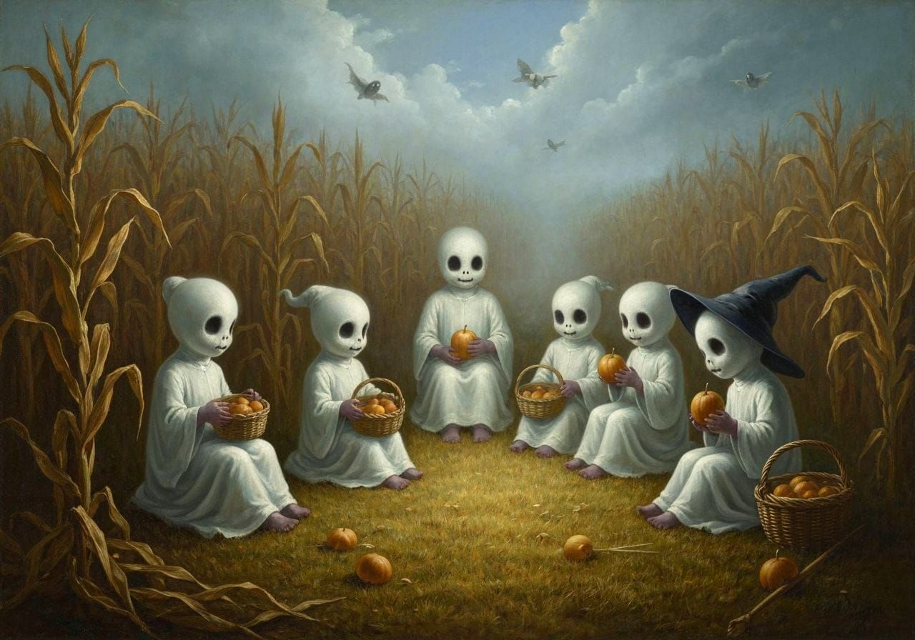 Baby Ghosts and Witches Celebrate Trick-or-Treat in Cornfiel...
