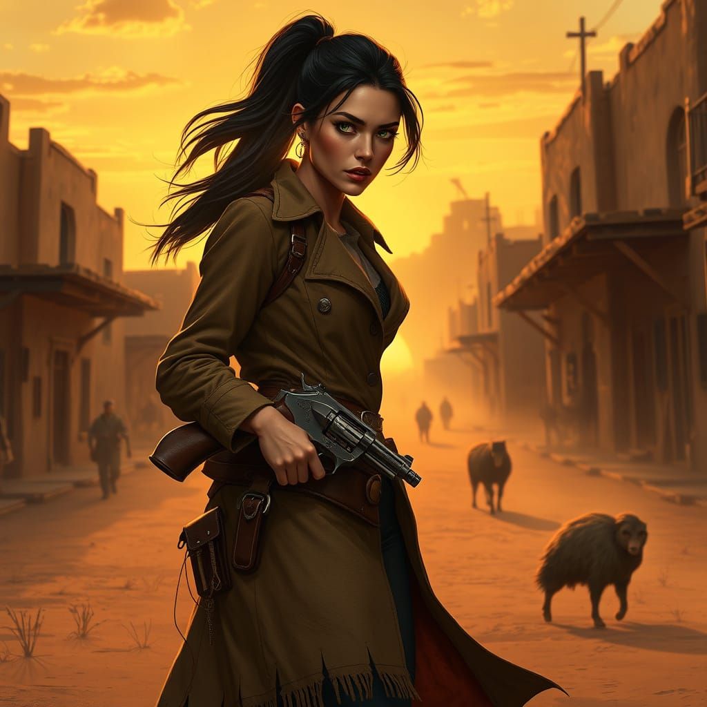 Cyberpunk Bounty Hunter Strolls Through Desert Town at Sunse...