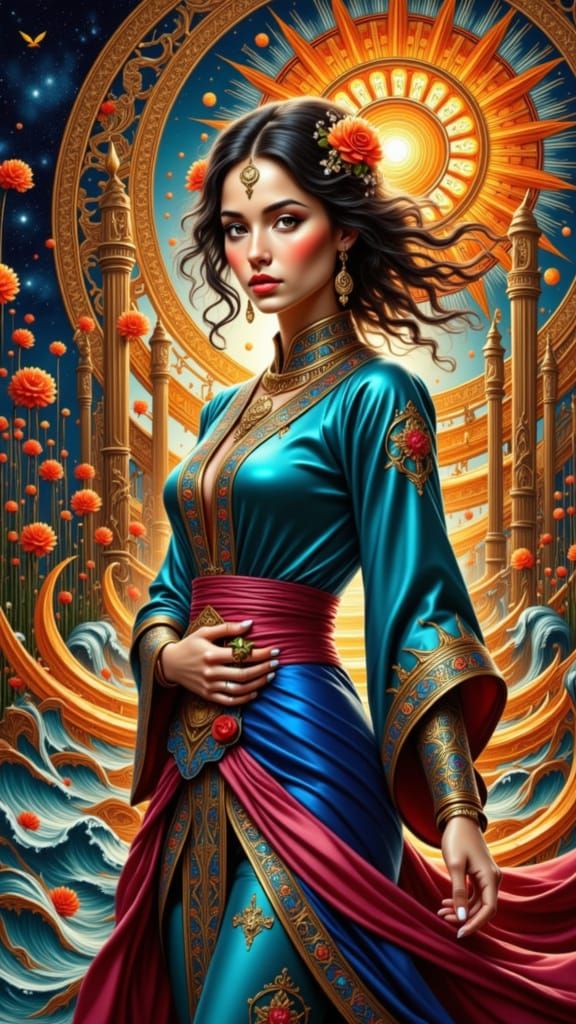 Sun Goddess with Perfect Hands in Wild Landscape