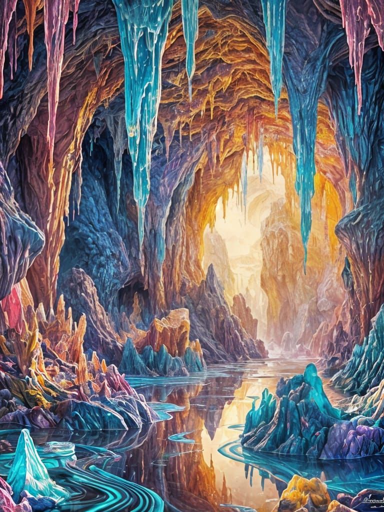 Melting Multicolored Crystal Cave: Surreal Concept Art