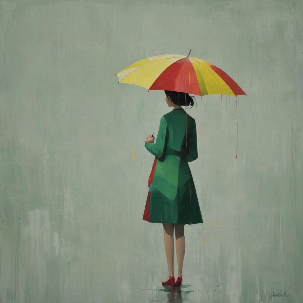 Minimalist Painting: Girl with Umbrella in Rain