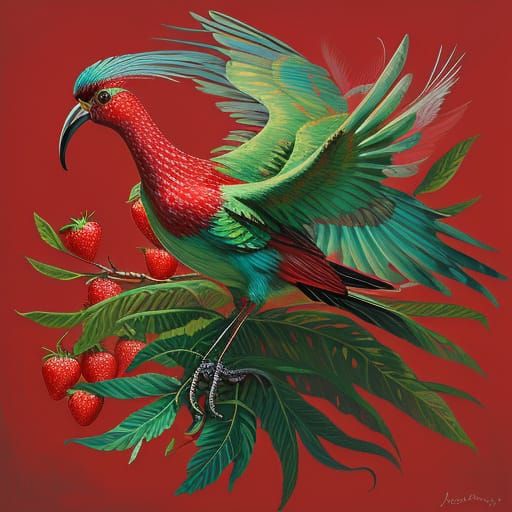 Vibrant Bird-Strawberry Hybrid in Whimsical Oil Painting Sty...