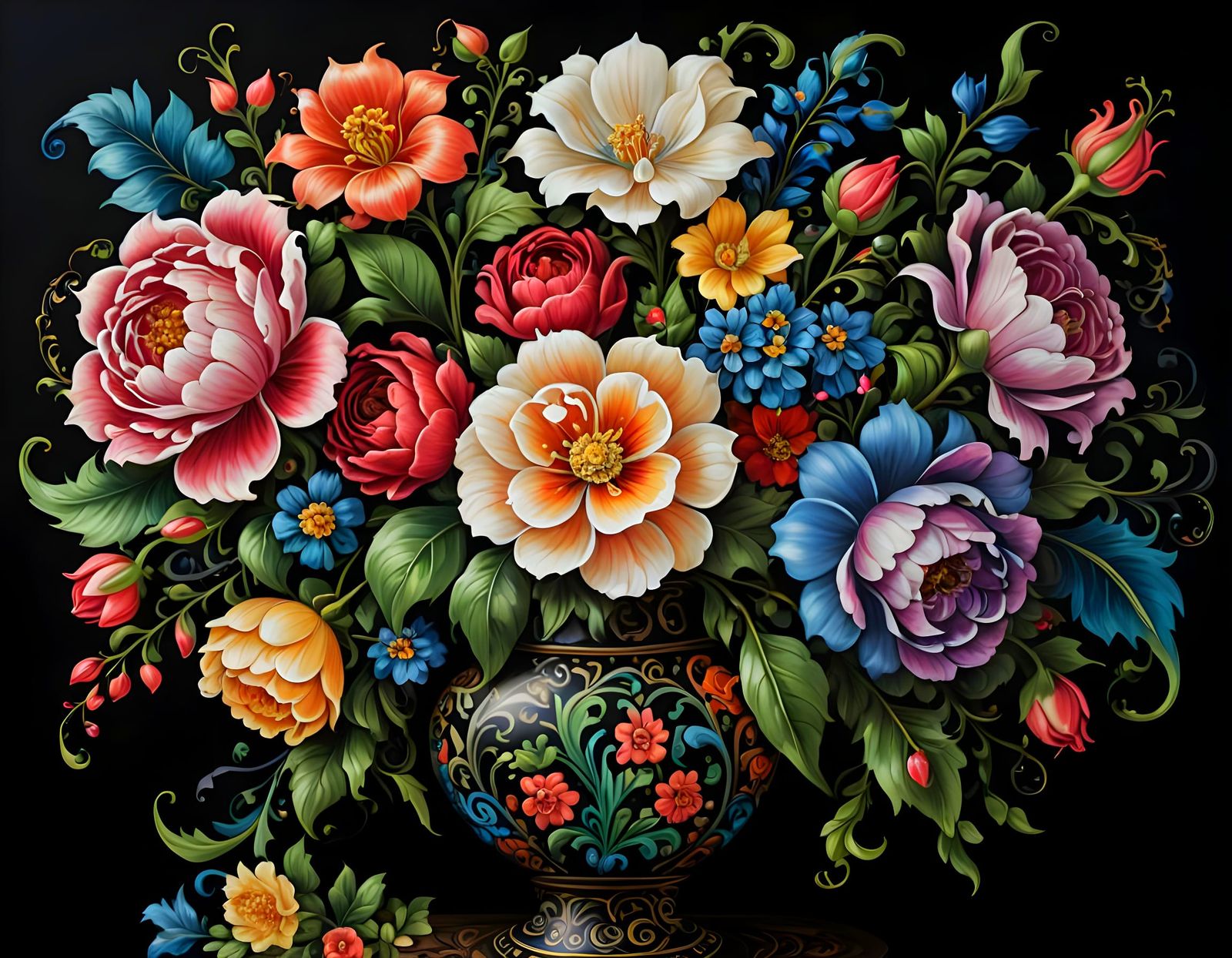 Intricate Floral Painting in Norwegian Rosemaling Style