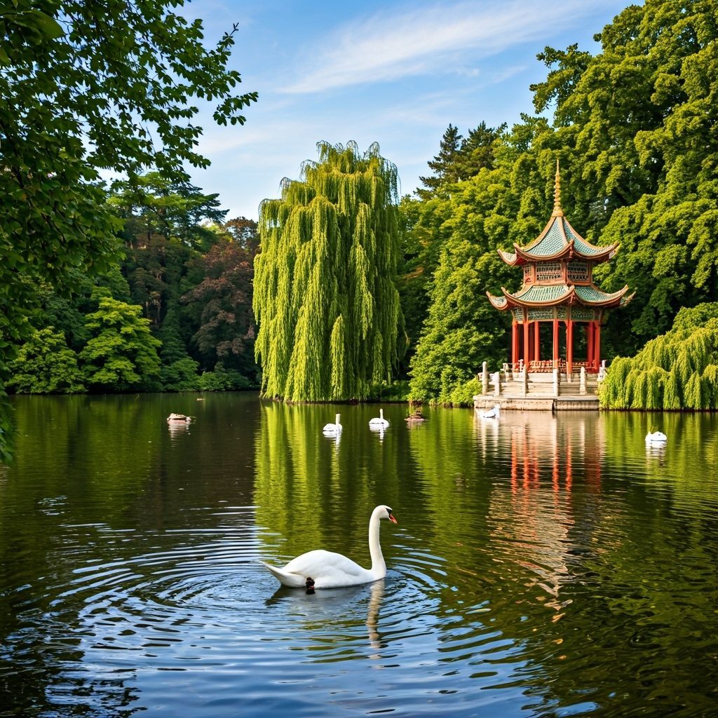 Victorian Pagoda on Serene Lake with Swans