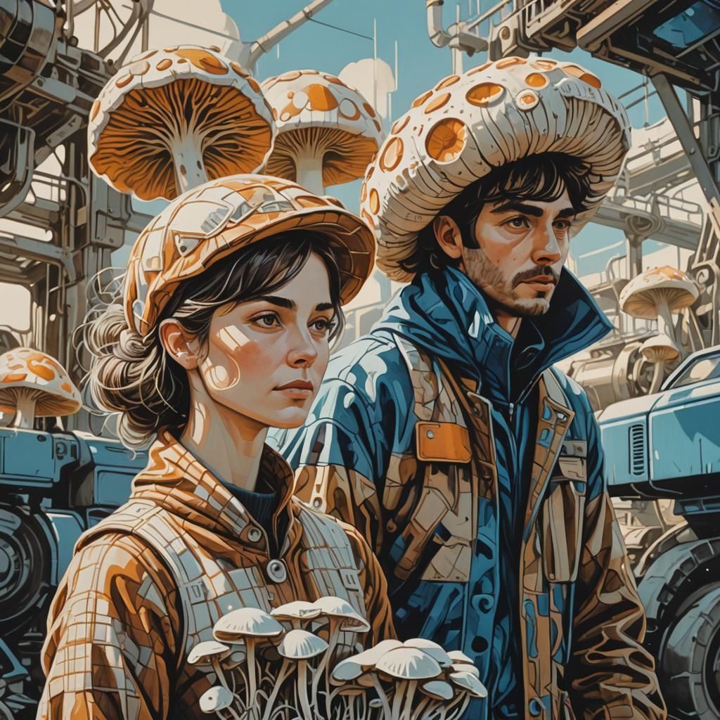 Activists Tending Bioluminescent Mushrooms: Linocut Art