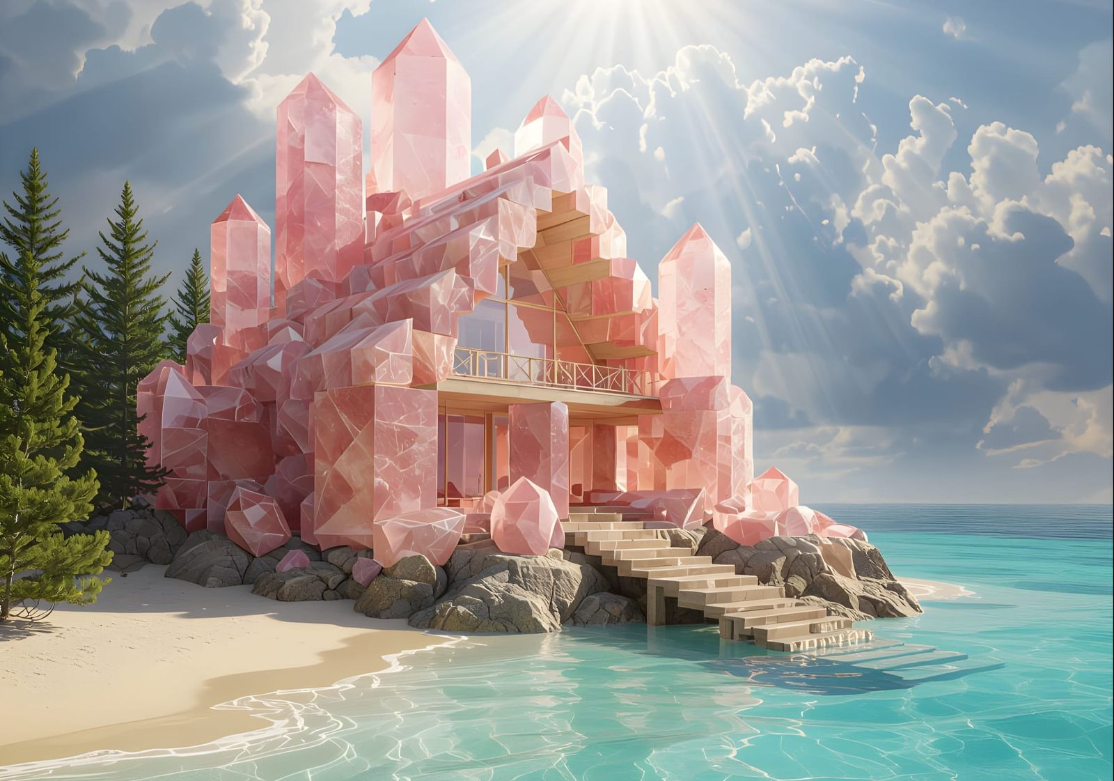 Rose Quartz Cabin Home Amidst Forest and Teal Waves