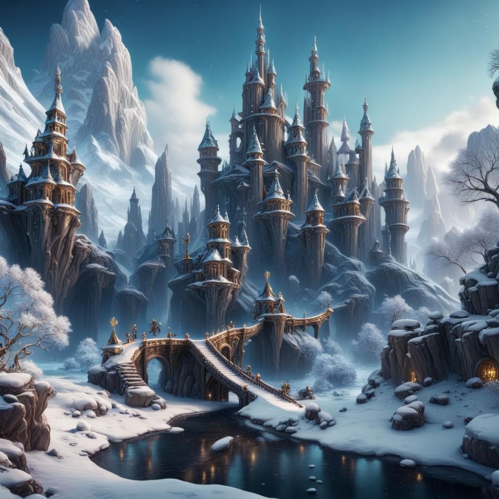 Androids in a Detailed Winter Wonderland Painting