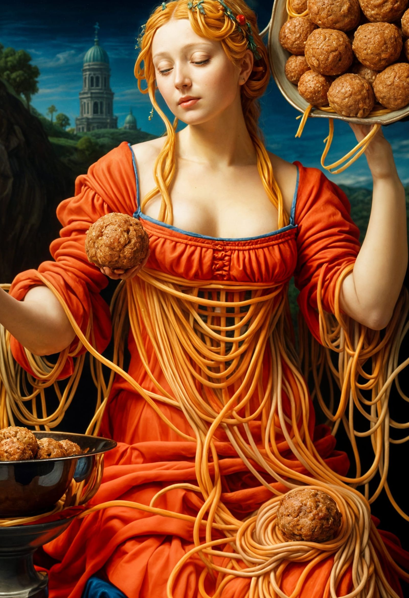 <lora:Deus Ex Machina:1.0> Goddess with a dress made of spaghetti,