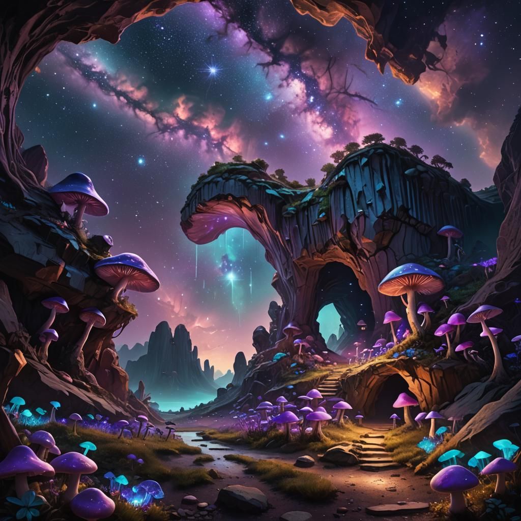 Glowing Cave Entrance Under Starry Night Sky