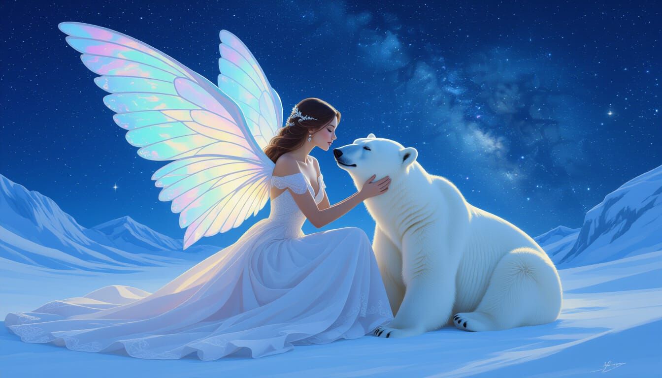 Winged Woman Comforts Polar Bear in Arctic Landscape