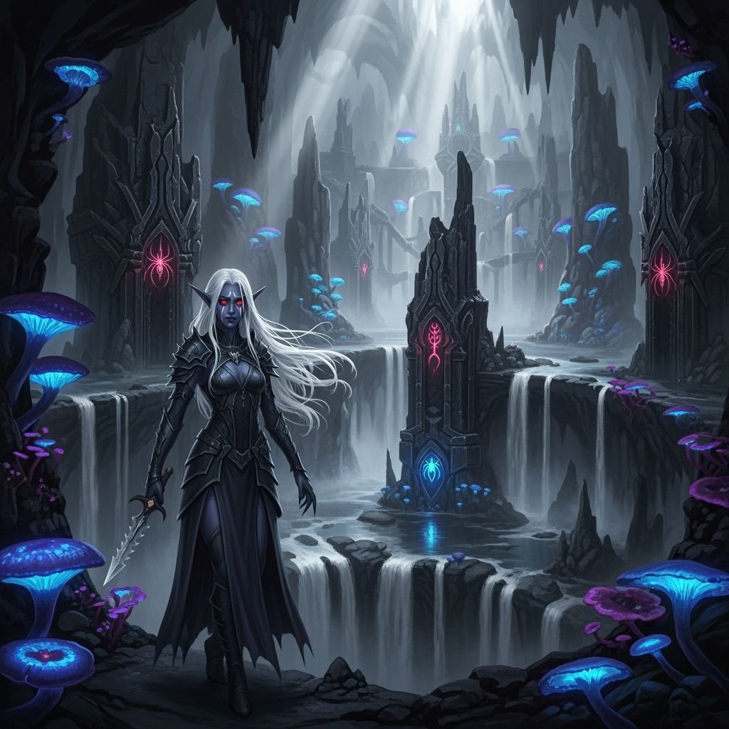Sad Drow Elf Maiden Lost in Underground Complex