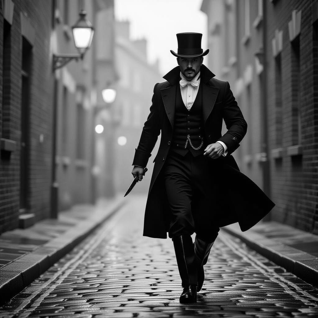 Expressionist Victorian Man in Foggy London Alley