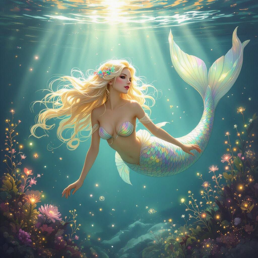Ethereal Mermaid With Iridescent Scales in Luminous Underwat...