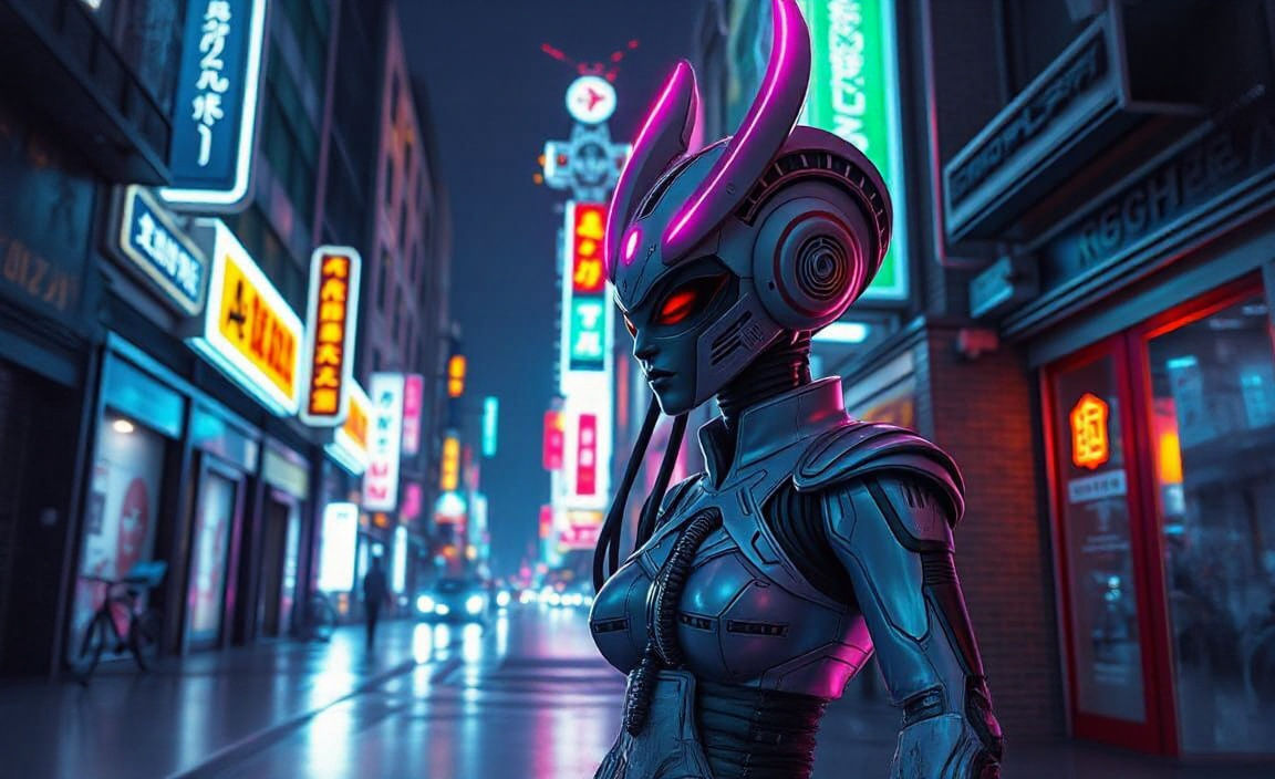 Futuristic Street Scene with Onna-Bugeisha and Aliens in Syn...