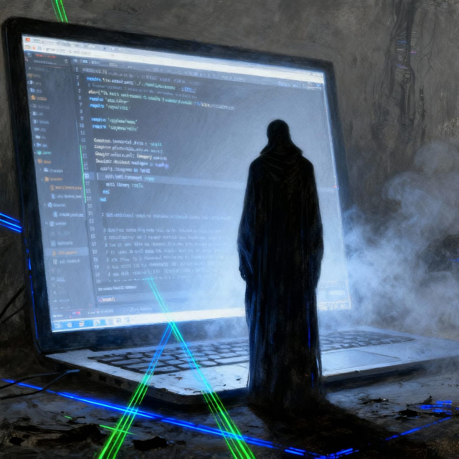 Digital Shadow Figure in Ethereal Monitor Glow