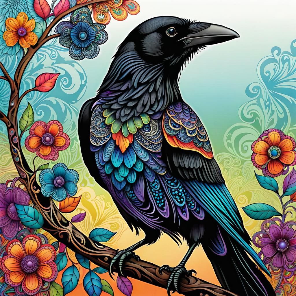 Colorful Crow on Branch with Zentangle Background