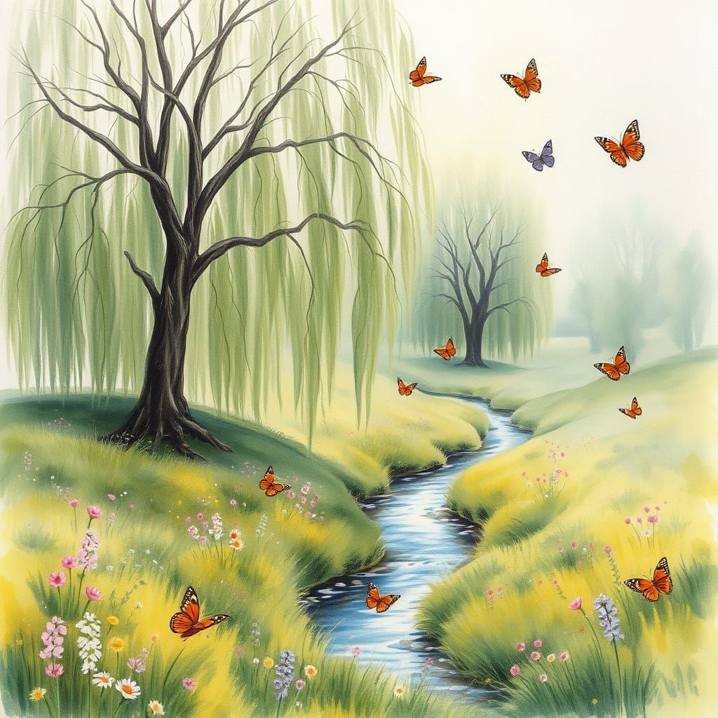 Ethereal Spring Meadow in Soft Classical Watercolours