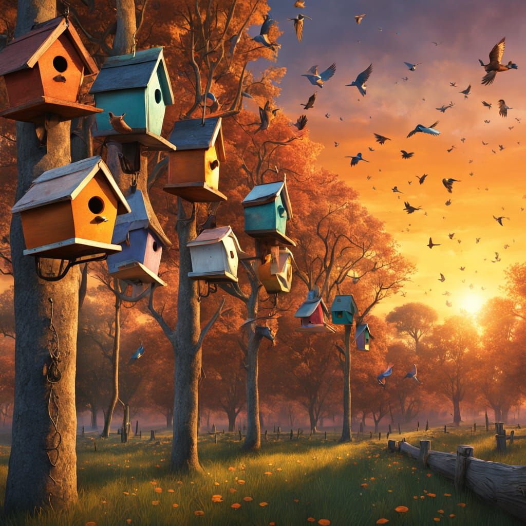 Birdhouses at Sunset: Fantastical Digital Art