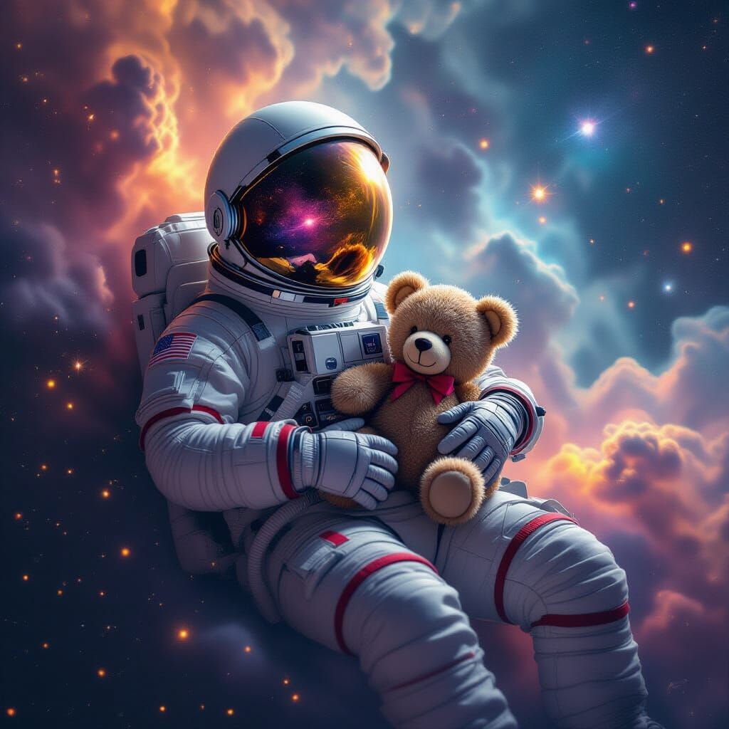 Astronaut Adrift with Teddy Bear in Cosmic Nebula