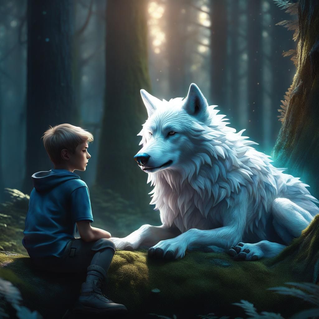Iridescent Spirit Wolf Guarding Sleeping Boy