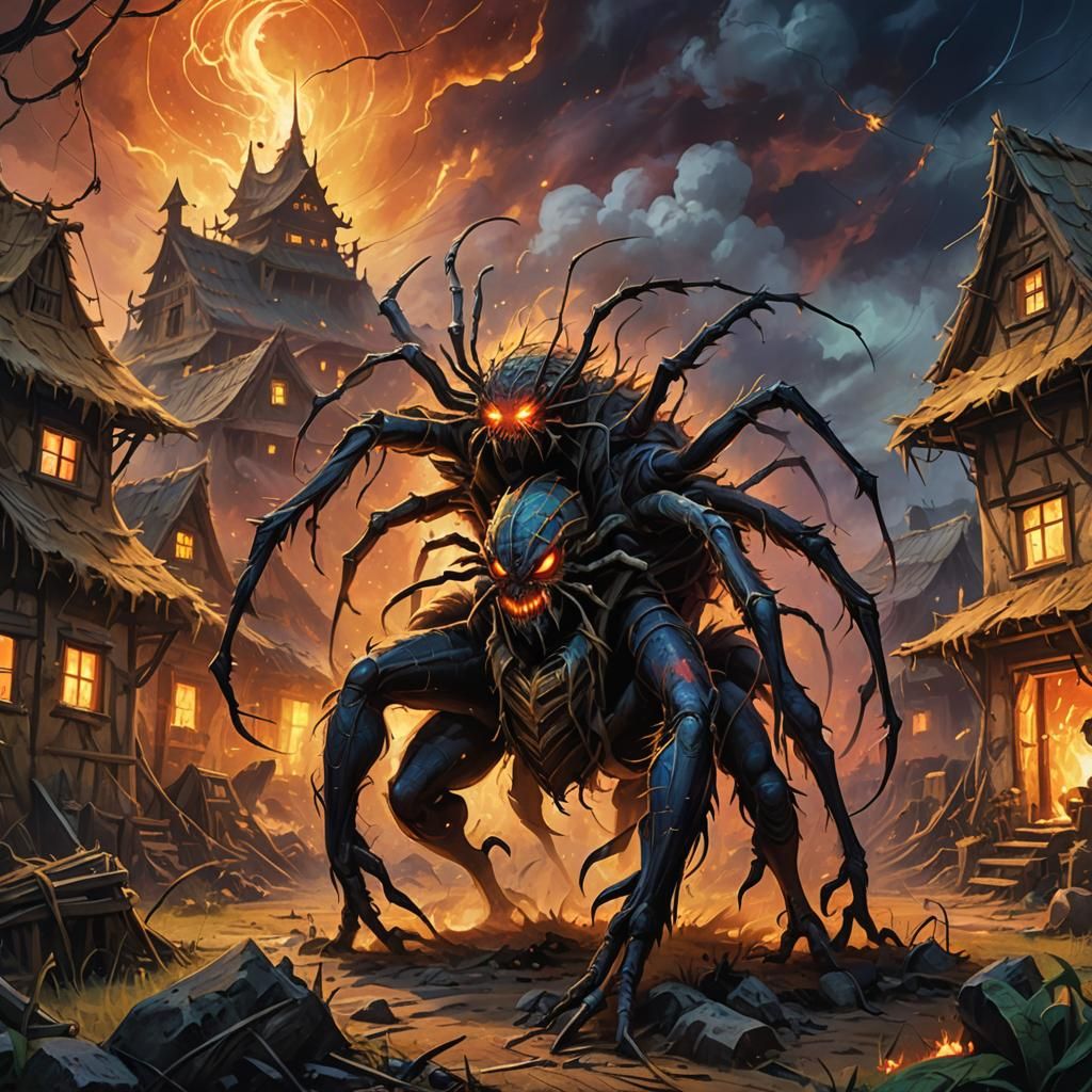 Spider Beast Destroys Village: Fantasy Oil Painting