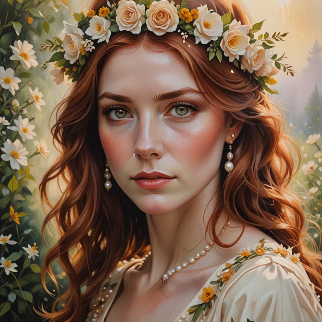 Ethereal Woman with Floral Crown: Oil Painting