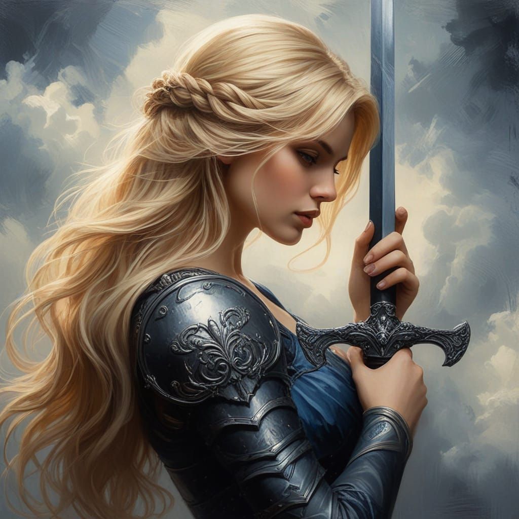 Beautiful Woman Holds Adamantine Sword in a Stunning Oil Pai...