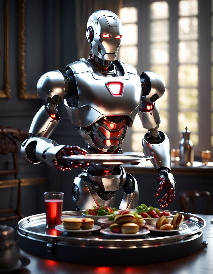 Silver Robotic Butler Holding Food Tray