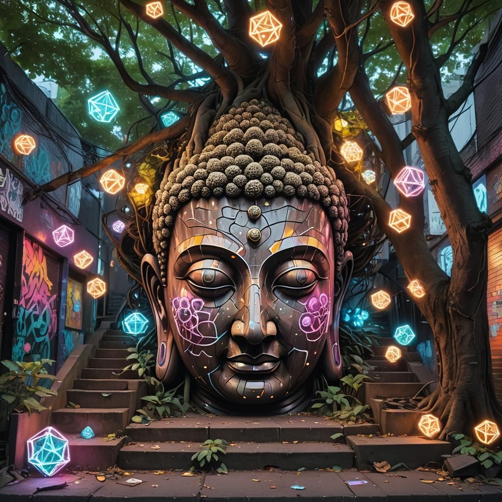 Cyberpunk Graffiti Stairs to Buddha Tree Digital Art