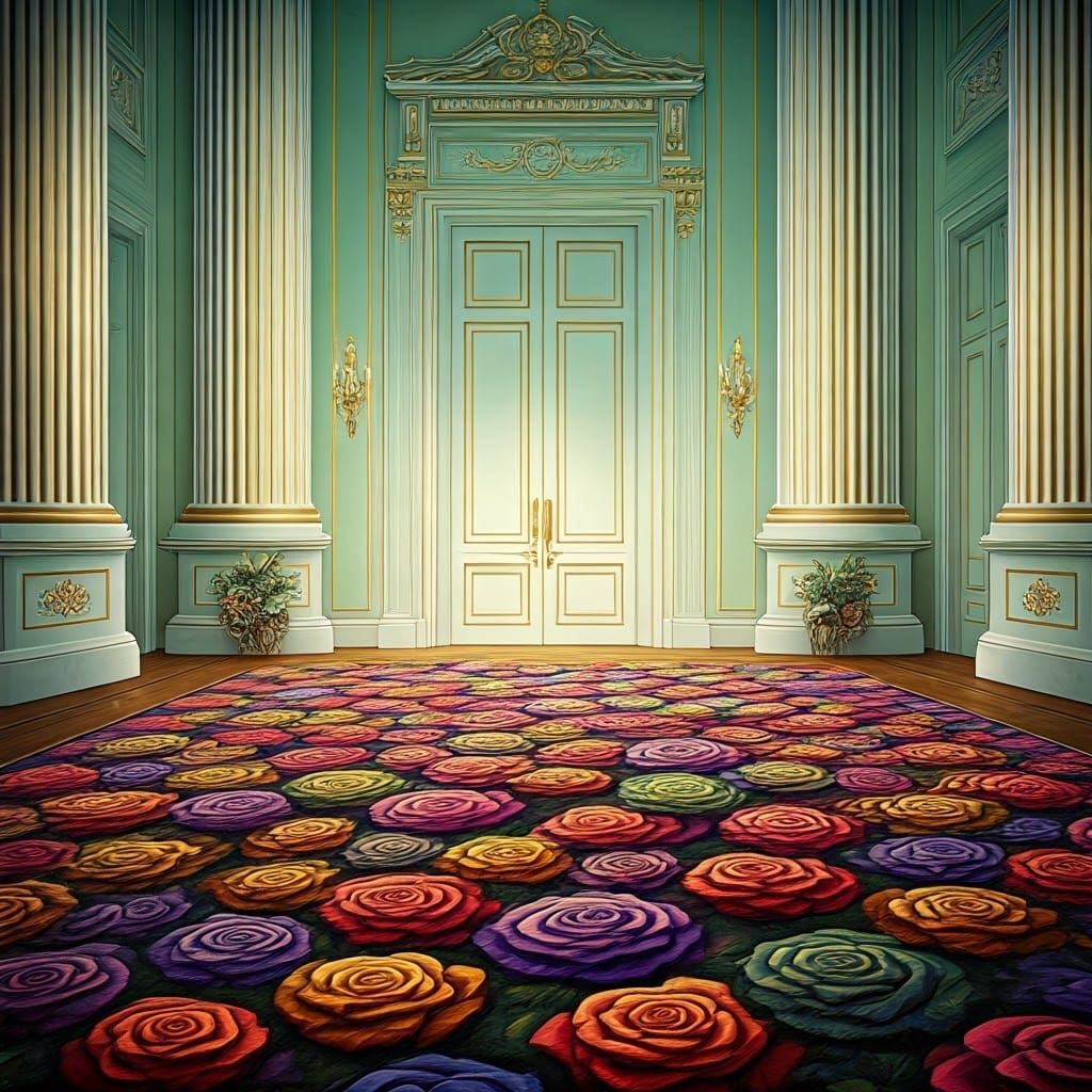 Ethereal Mansion Entrance in Vibrant Rose-Hued Opulence