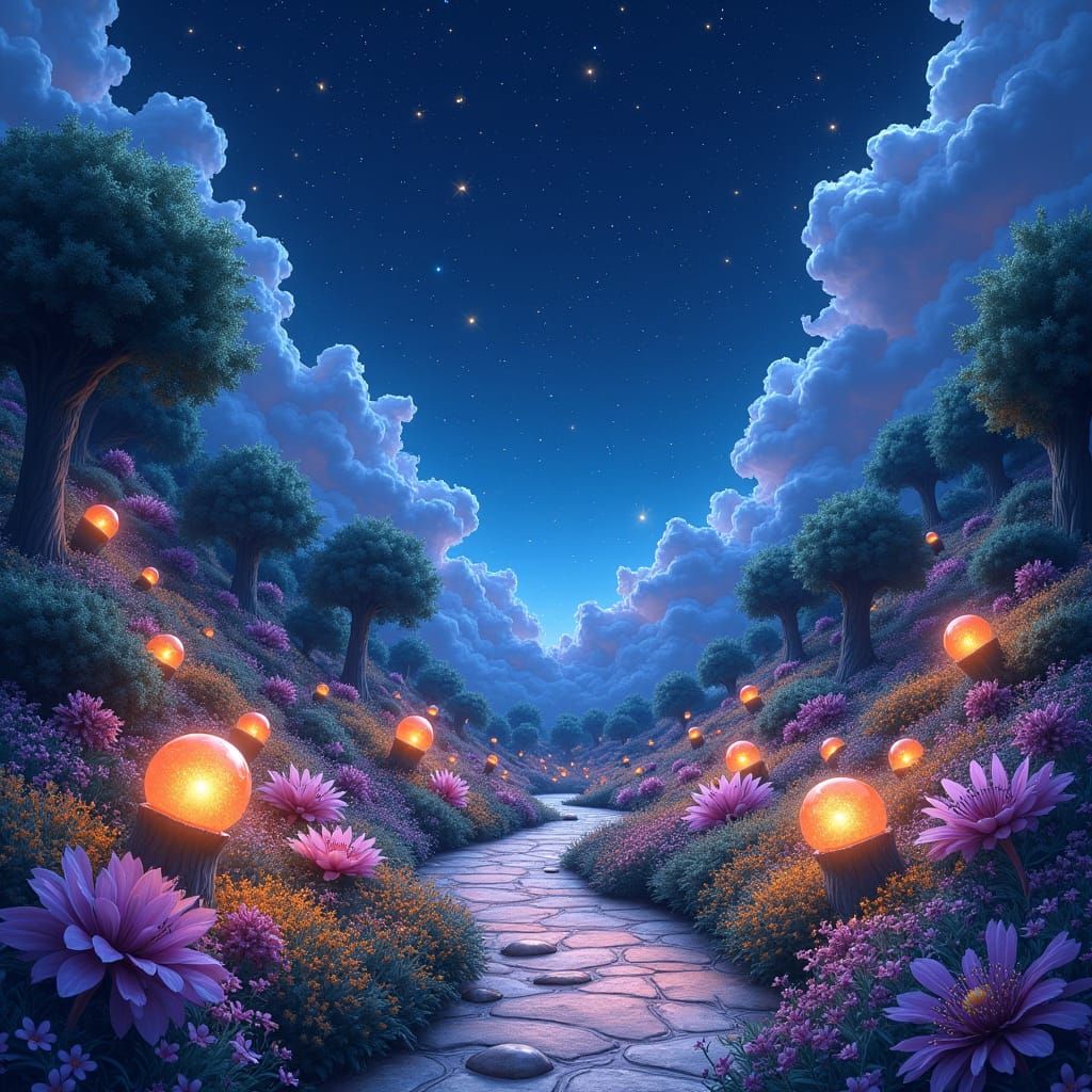 Celestial Garden with Bioluminescent Flora in Dreamlike Styl...
